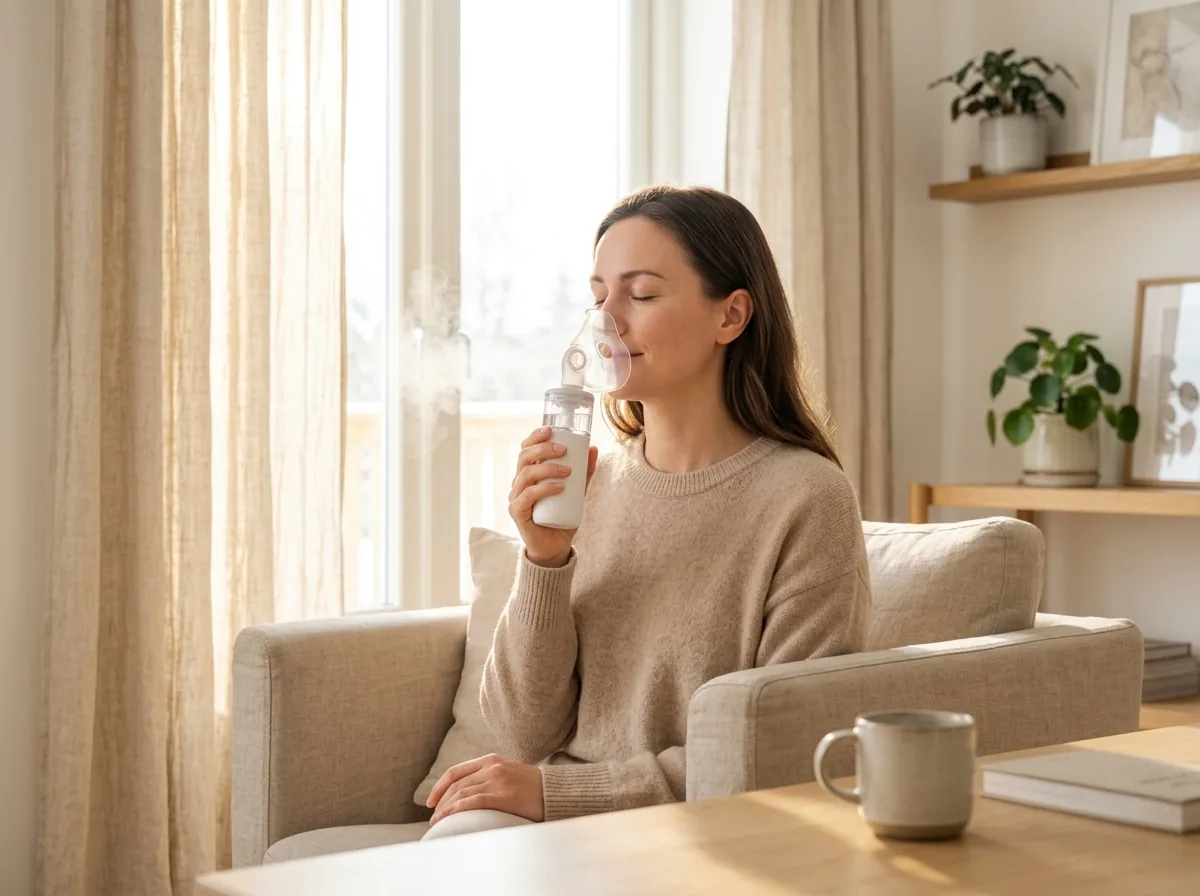 Adult comfortably inhaling gentle aerosol mist in a serene modern living room