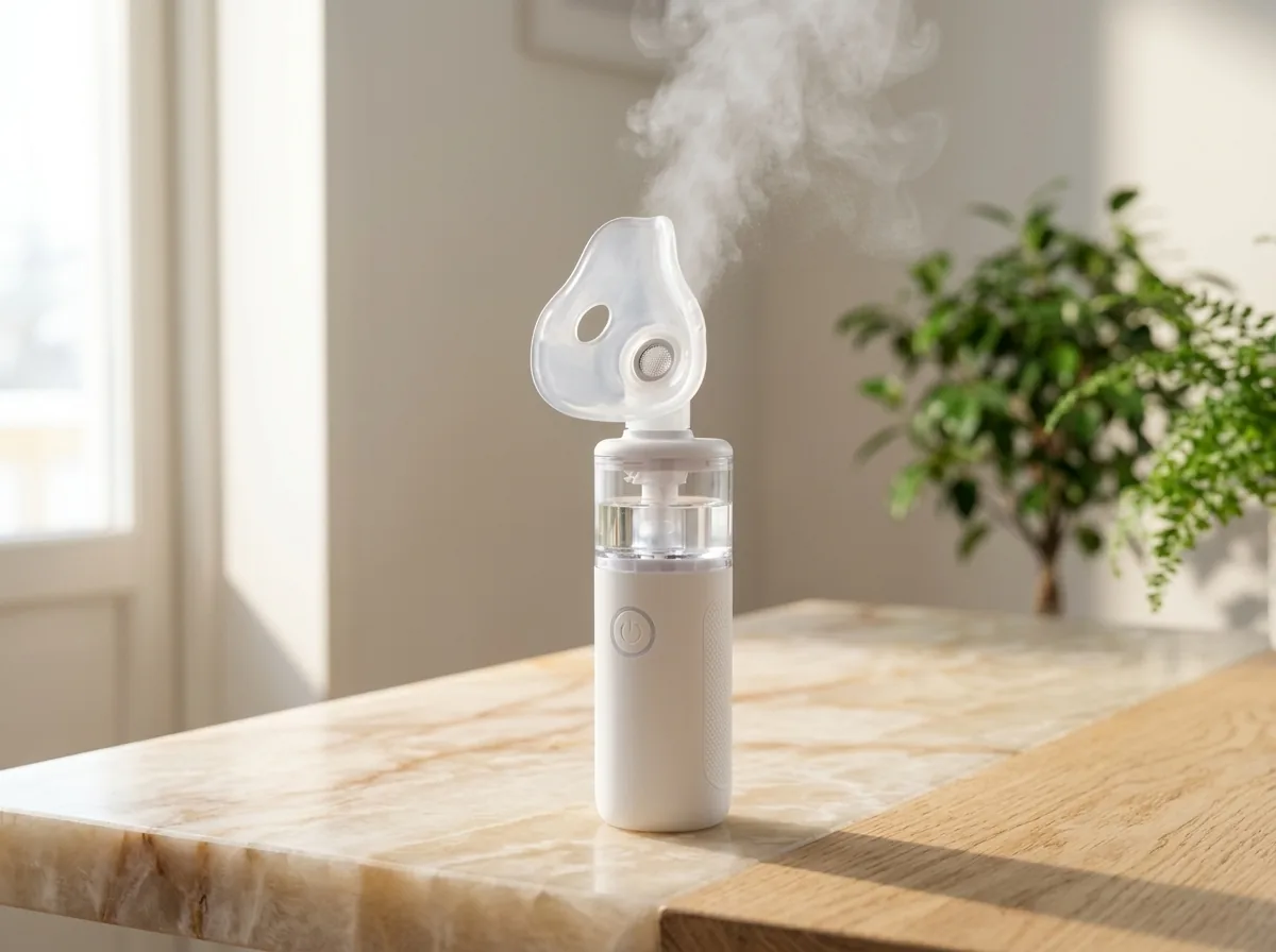 Nebu Ease handheld portable ultrasonic mesh nebulizer emitting fine mist